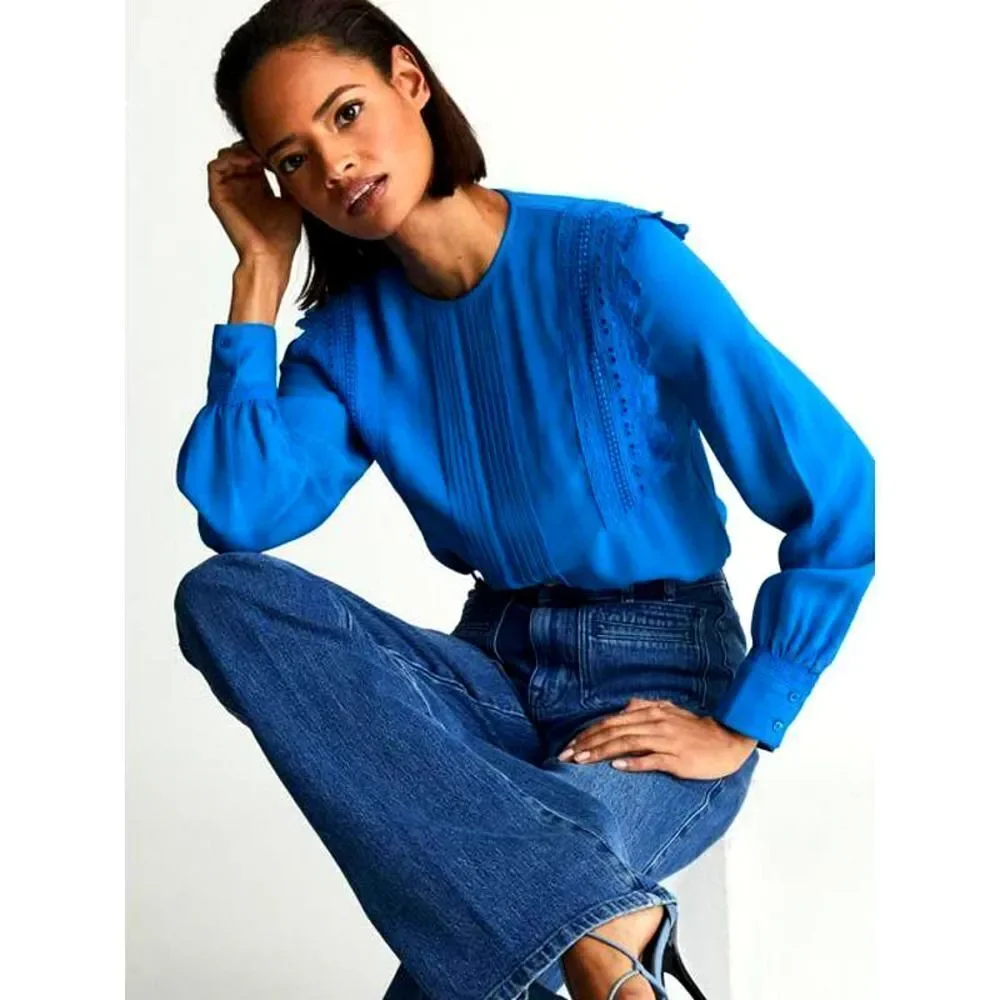 Reiss Bexley‎ Pleated Embroidered ruffle Crepe Blouse top Size 0 blue cerulian - Picture 3 of 12